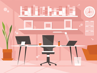 Modern boss workplace. Interior of a large bright office with a table, office chair, PC and laptop. Vector graphics