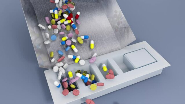 Viele Medikamente fallen in einen Dosierer. Eine Flut von Arzneimittel f&uuml;r Patienten in eine Tablettenbox Animation.