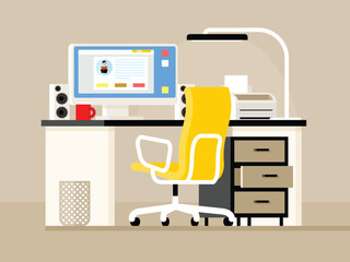 Work desk with a computer, printer, and office chair. Vector graphics