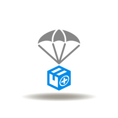 Vector illustration of parachute and box with medical cross. Icon of humanitarian aid. Symbol of volunteering and rescue during the war or crisis.