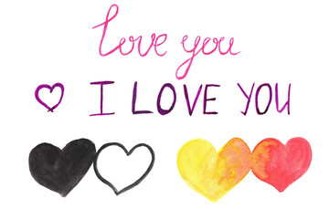 Lettering set "I love you". set of watercolour hearts. black watercolour heart. yellow and red heart. valentine's day illustration.