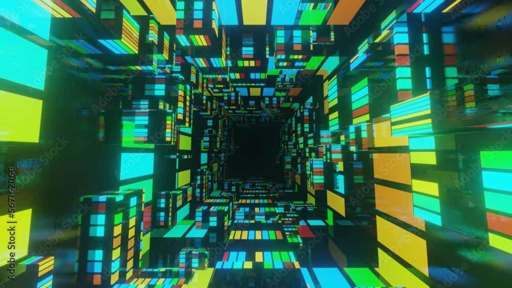Poster multicolor tunnel. fly through mirror tunnel with neon pattern, glow lines form sci fi pattern. brig
