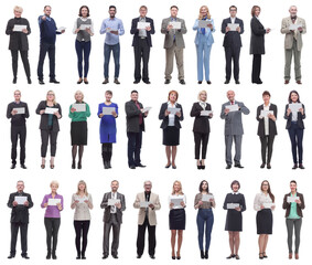 Fototapeta premium group of people demonstrating tablet looking at camera