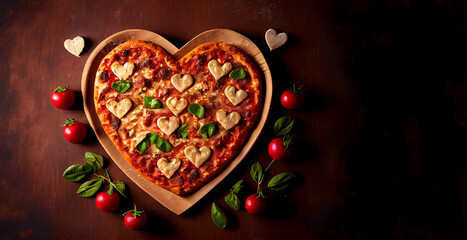 heart shaped pizza banner, romantic pizza for valentine's day restaurant menu advertising, created with generative AI