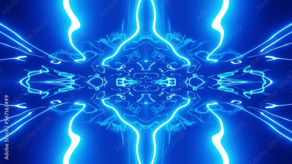 Poster 4k seamless looped animation. fly through mirror symmetrical tunnel with neon pattern, sci fi glow p