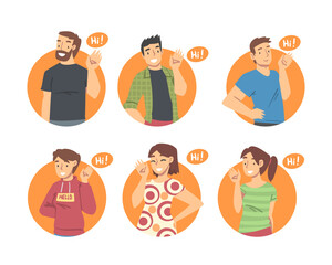 People Characters Saying Hello and Showing Hand Greeting Gesture Vector Illustration Set