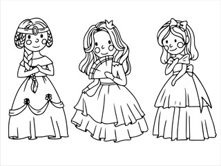 Cute princess in a ball gown. Coloring book A girl in a magical costume. Middle Ages. Vector illustration isolated on white background.