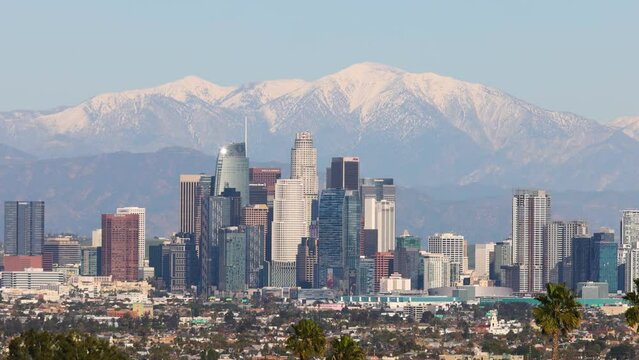 Los Angeles Downtown Skyline with snowy mountains in the background