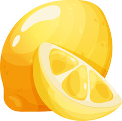 Juicy cartoon lemon with slice on transparent background