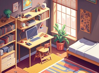 cartoon illustration, student room with bunk bed, desk, laptop and AI generative