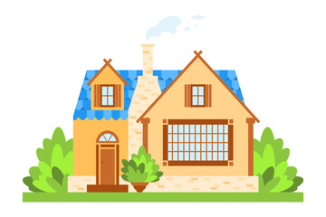 Cottage country house exterior flat design vector illustration. Sweet home townhouse facade front view clip art