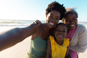 Portrait of african american multi-generation family enjoying at beach against sea and sky in summer