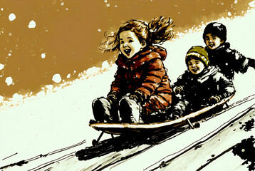 children sliding down a snow covered hill on a sled