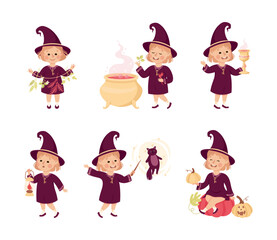 Little Girl Witch Wearing Purple Dress and Pointed Hat Vector Set