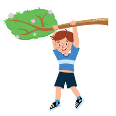 Vector illustration of a boy climbing trees. A cartoon scene of a smiling boy hanging on a branch isolated on a white background.