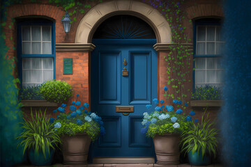 Watercolor illustration of the facade of a colorful house with stone fence, with a large window, a wooden blue door and flowers under the window