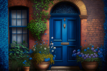 Fototapeta na wymiar facade of an ancient colorful house lined with stone, with a large window, a wooden red door and flowers under the window