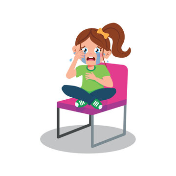 recommend clip art: Vector illustration of a girl sitting on a chair and crying. Cartoon scene of upset girl sitting and crying isolated on white background.