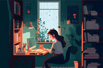 Vector illustration of a young woman working on the computer in her office, modern design