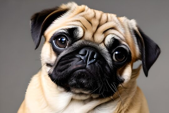 Pug dog portrait. Funny dreamy pug with sad facial expression. Domestic pet at home. Purebred dog with wrinkled face.  Carlino, doguillo. Generative AI. 