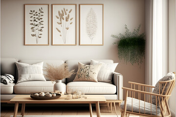Interior of a living room decorated in a Scandinavian farmhouse style with a fireplace and big windows. Mockup of a wall. Illustration.