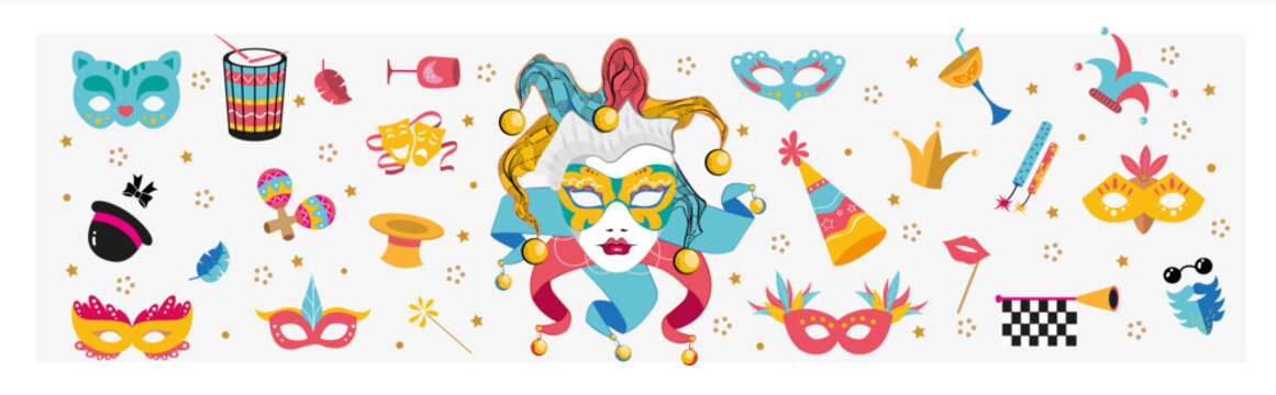 Carnival set of festive elements, Masks, patterns, symbol and sign.