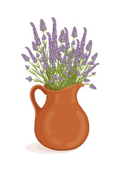 Bouquet of lavender flowers in a decanter. Spring composition for women's day, mother's day, birthday and other holidays. Spring floral design isolated vector illustration.
