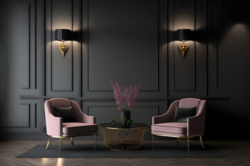Large master living room in dark black gray colors. Rose pink set of chairs and gold table. Background blank wall blank for wallpaper or paintings. Luxury lounge or reception.