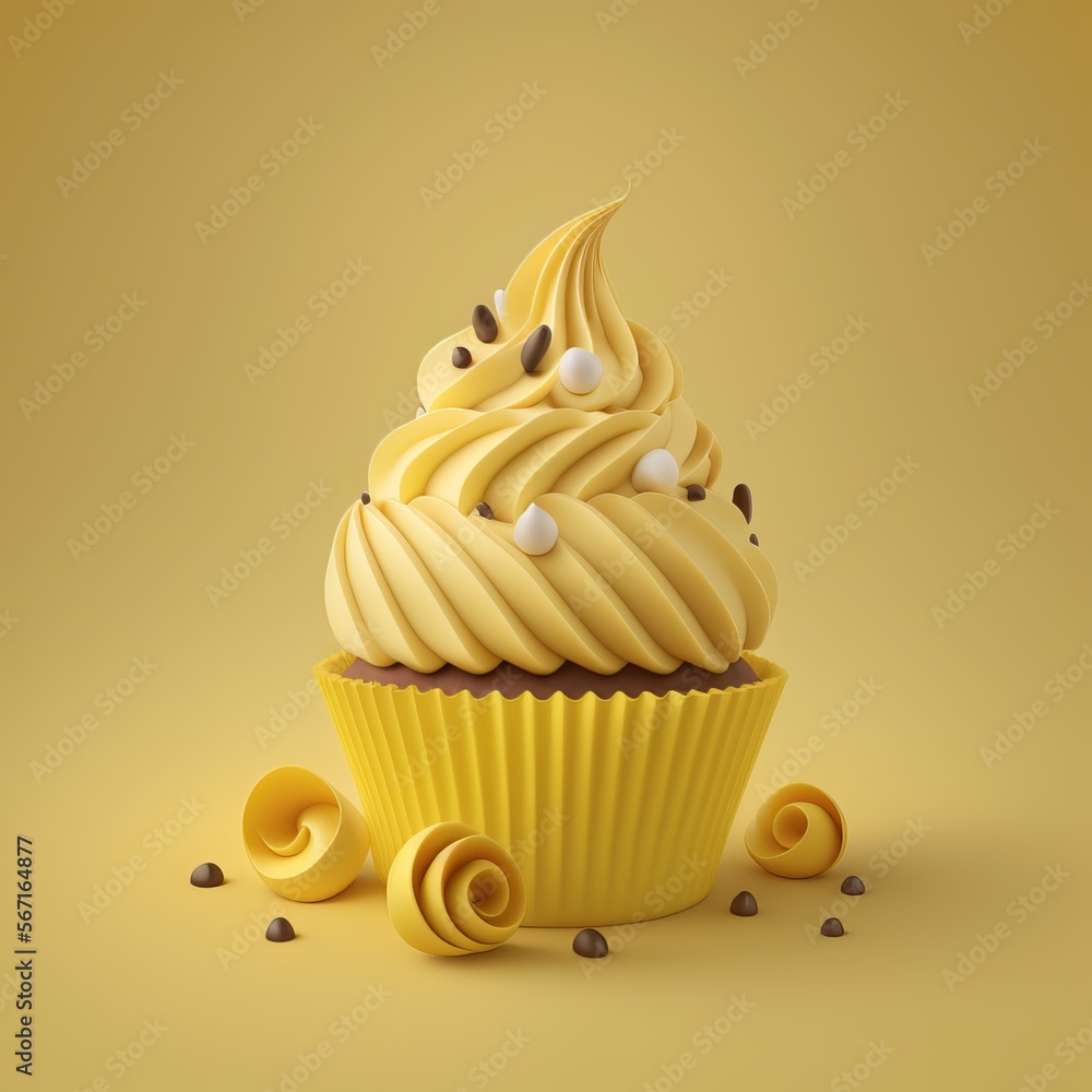 Sticker A Picture Perfect Cupcake: on a Vibrant Yellow Background - Generative AI