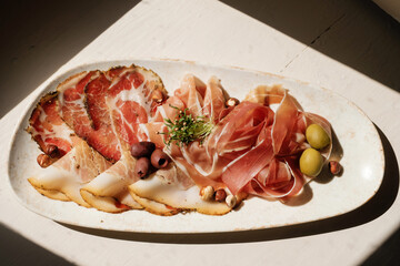 Set of meat appetizers with ham, olives and herbs in sunlight top view