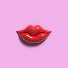 Red 3d lips illustration isolated on pink background. Print for a romantic card, Valentine's Day. Love, kiss.