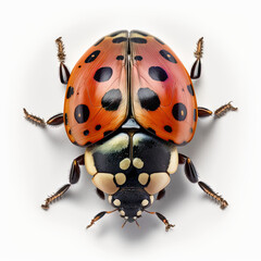 a close up of a colorful lady bug on a white background