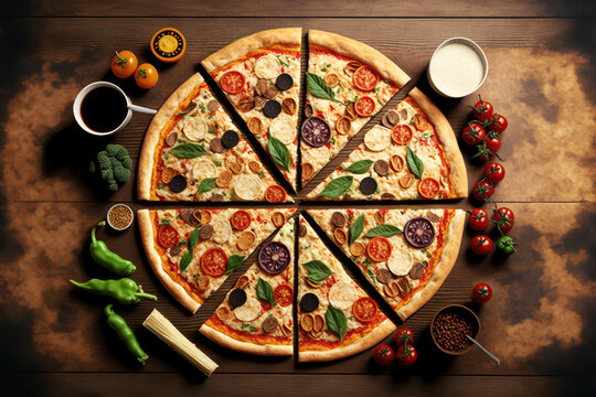 Pizza Knolling, Food Layout, Top Down On A Table. Generative AI.