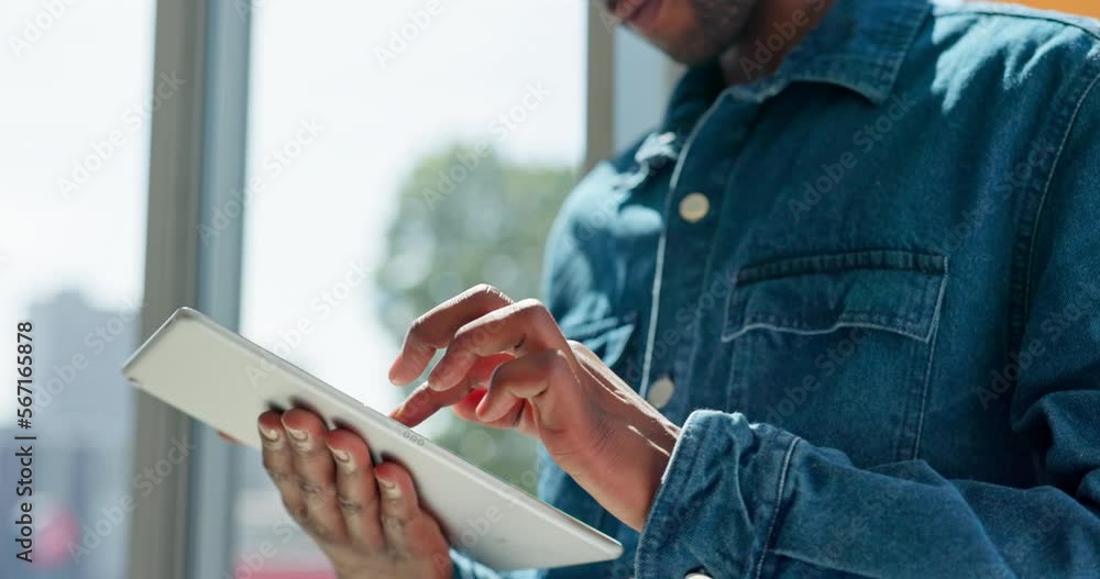 Poster social media, website and man with a work tablet for communication, networking and research. interne