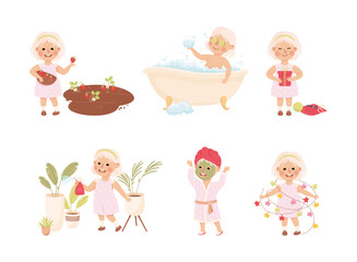 Little Girl in Childhood Engaged in Recreation Activity Vector Set