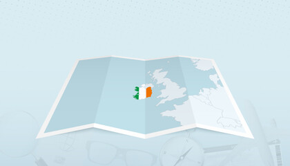 Map of Ireland with the flag of Ireland in the contour of the map on a trip abstract backdrop.