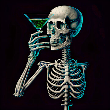 A human skeleton holding a Martini type alcohol cocktail 
