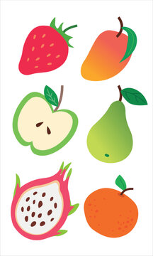 Set of fruits: strawberry, apple, passion fruit, mango, pear, tangerine. Simple clean modern vector icons