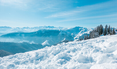 Beautiful landscape in the Hochkoenig region, Austria, on a sunny winter day