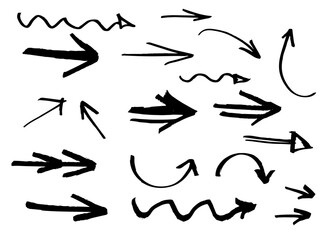 Set of arrow, circles, graphics handmade with marker pen, black isolated on white background. Arrows different shapes, left, right, up and down. Graphic resource for design. Vector illustration.
