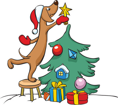 cartoon dog arranging christmas tree - PNG image with transparent background