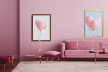Beautiful Pink Mid Century Modern Living Room Interior with Photo Frame Mockup and Valentines Day Heart Balloons Made with Generative AI