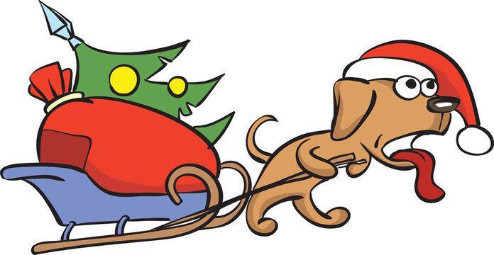 cartoon dog dragging christmas sleigh - PNG image with transparent background