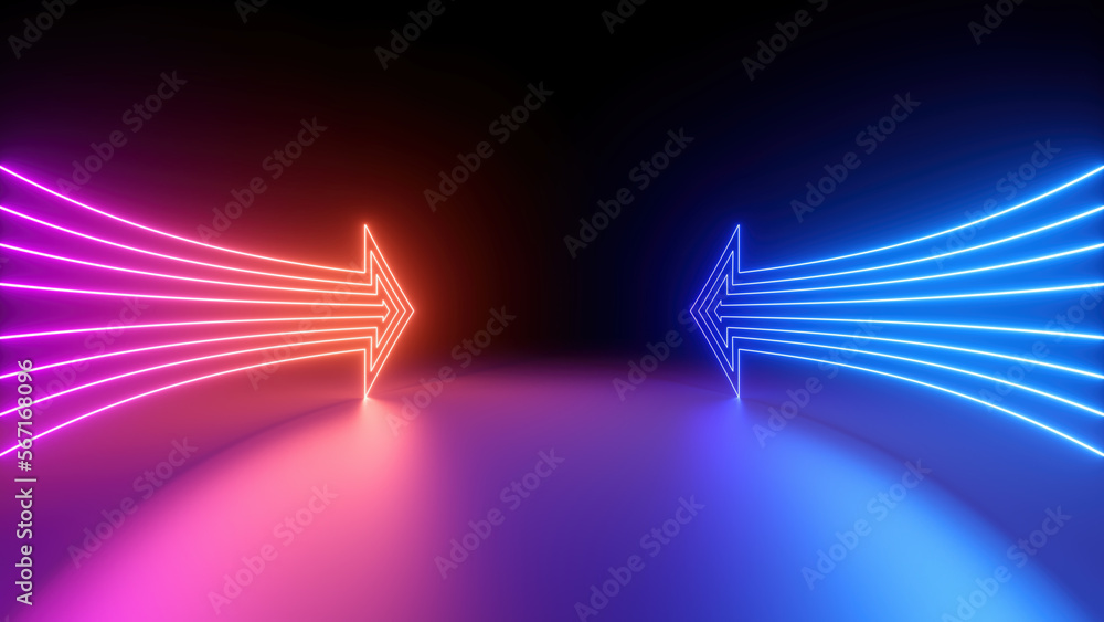 Poster 3d render, abstract minimalist geometric background. two counter neon arrows approaching each other.
