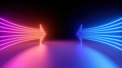 3d render, abstract minimalist geometric background. Two counter neon arrows approaching each other. Contradiction concept