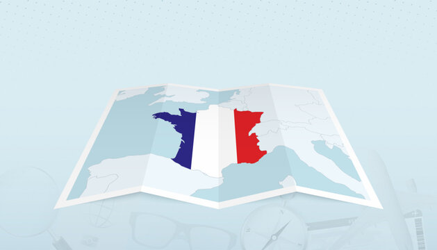 Map of France with the flag of France in the contour of the map on a trip abstract backdrop.