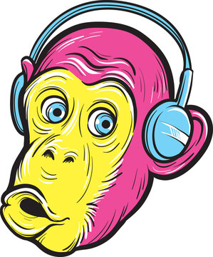 surprised monkey with headphones - PNG image with transparent background