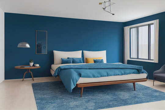 Blue Mid Century Modern Bedroom Interior with Winter Theme Made with Generative AI