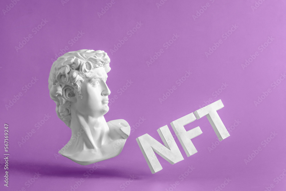 Poster nft concept david antique in the style of pop or vaporwave and 3d text nft. a minimal concept of mod