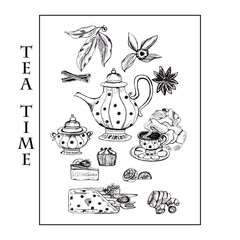 Hand drawn set of tea collection elements in graphic style, isolated on white background.Set for menu decorations, websites,baners.